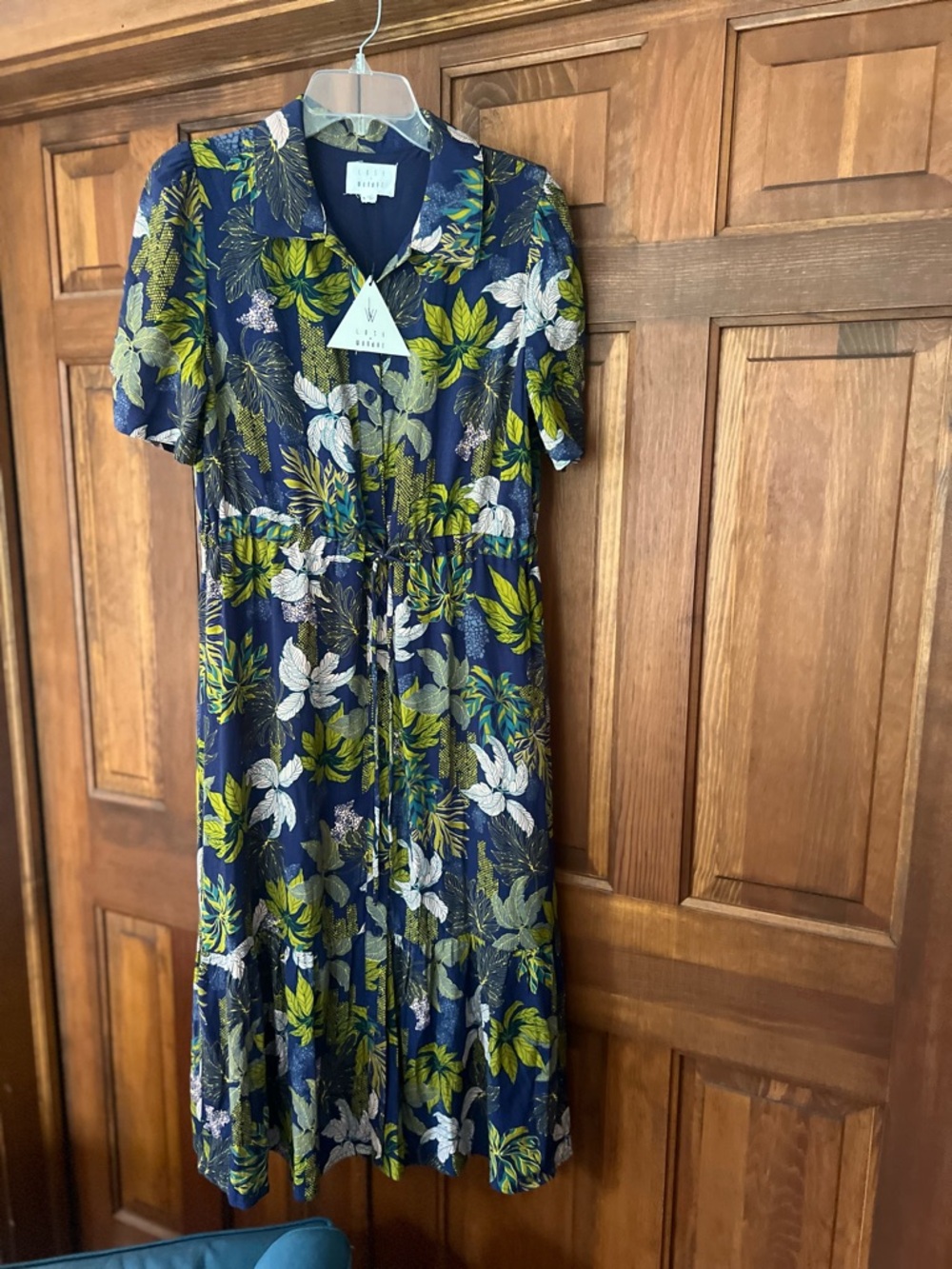 Lost + Wander Navy Floral Midi Shirt Dress with Green & White Leaves